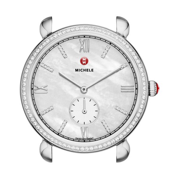 a white watch with roman numerals and diamonds