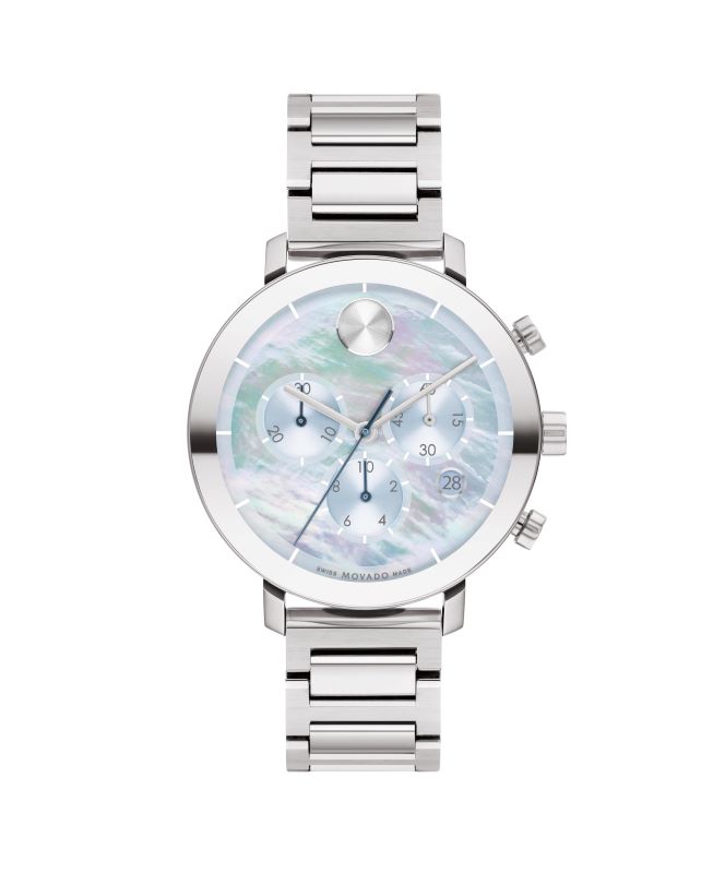 a silver watch with a mother of pearl dial