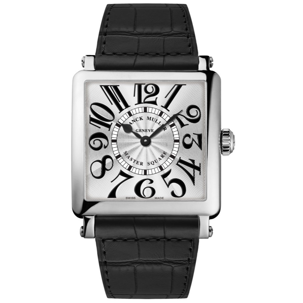 a square watch with black leather straps