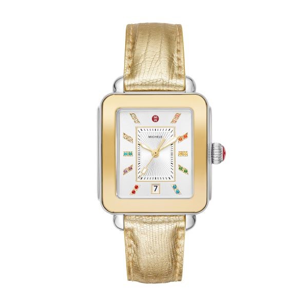a gold and white square watch