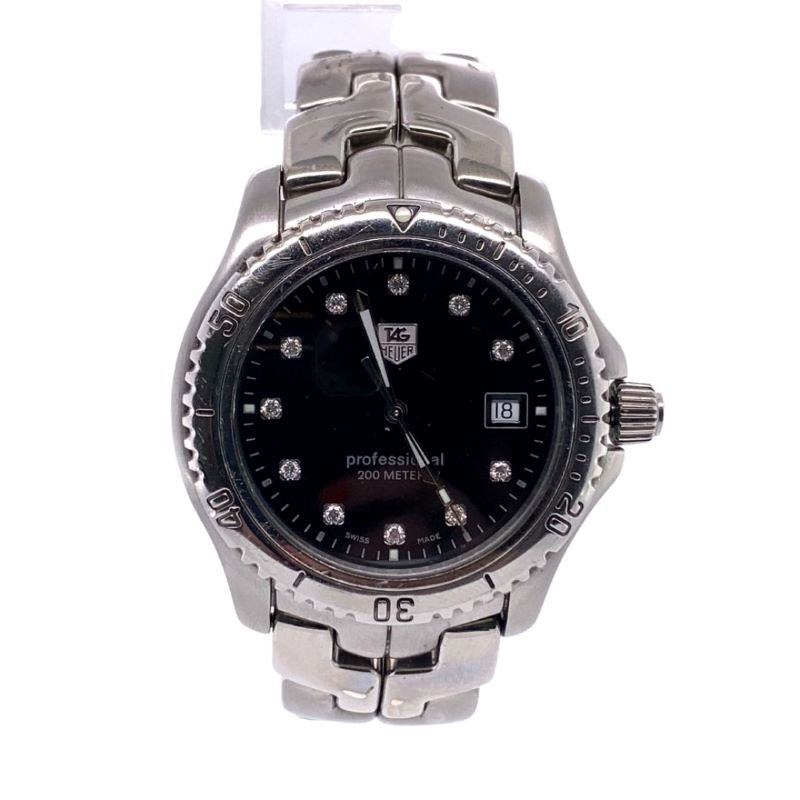 a watch with black dial and diamonds on the face