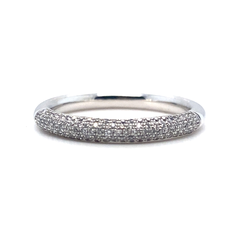 a white gold band with pave set diamonds