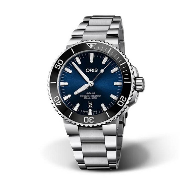 a stainless steel watch with blue dials