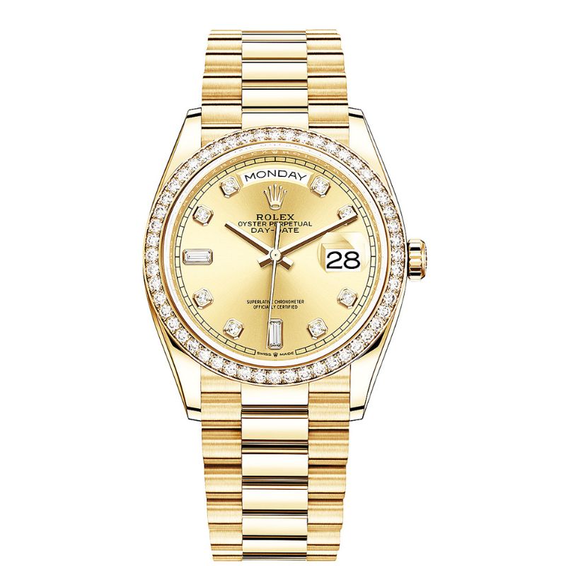 a gold rolex watch with diamonds on the dial