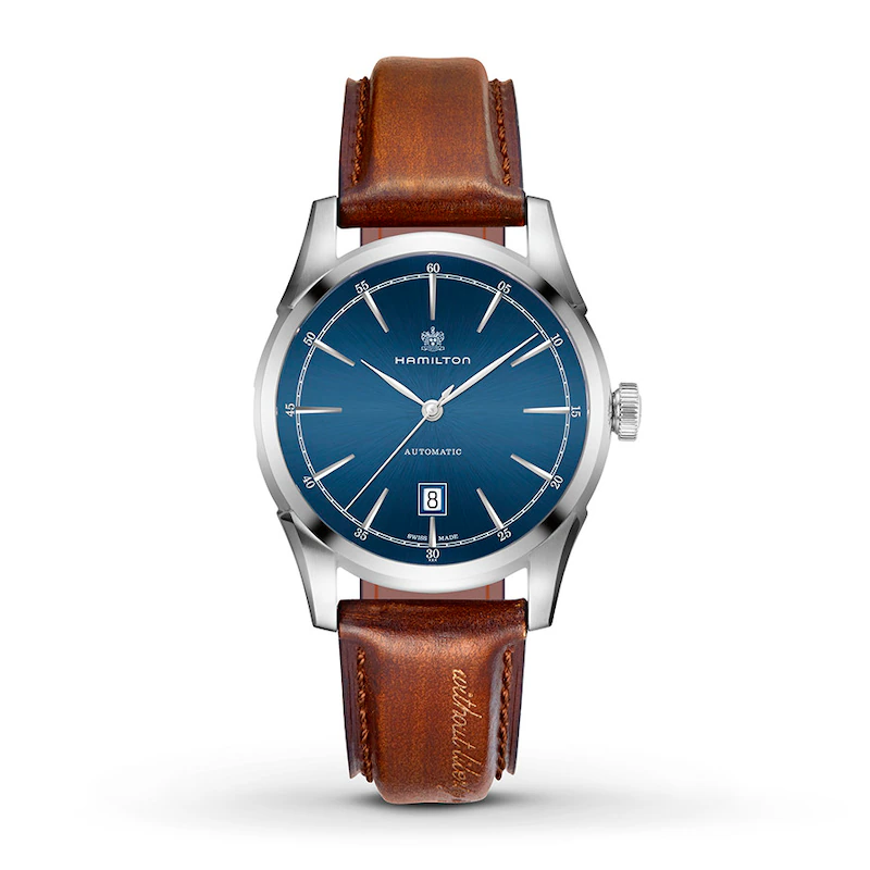 a watch with blue dial and brown leather strap