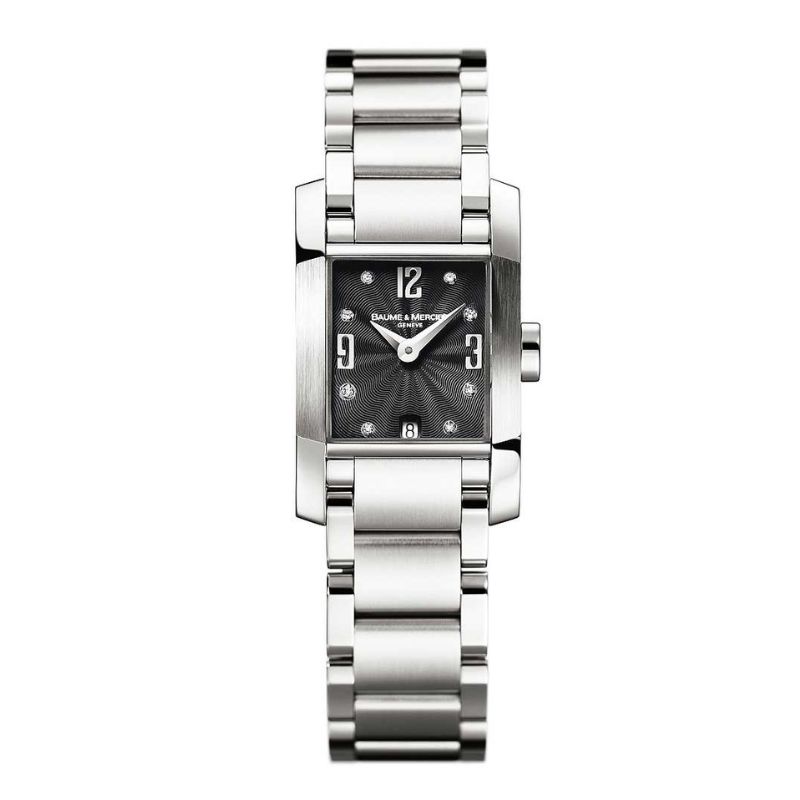 a women's stainless steel watch with black dial