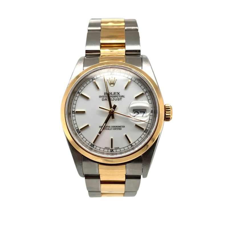 a rolex watch with two tone gold and silver dials