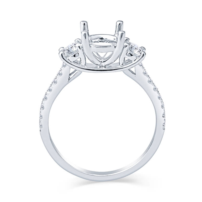 a three stone engagement ring setting with diamonds on the shoulders