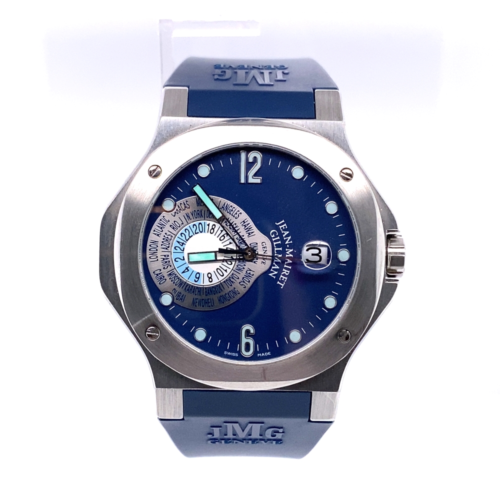 a watch with blue dials on a white background