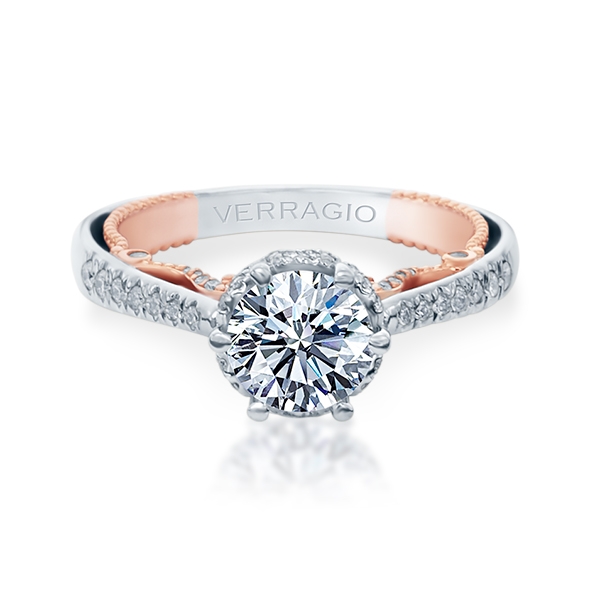 a diamond engagement ring with a rose gold band