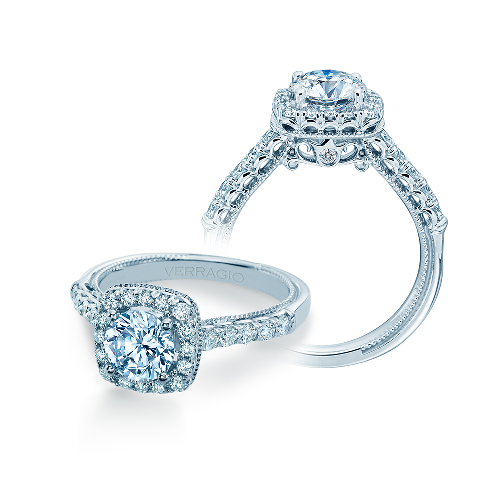 a diamond engagement ring with a halo setting