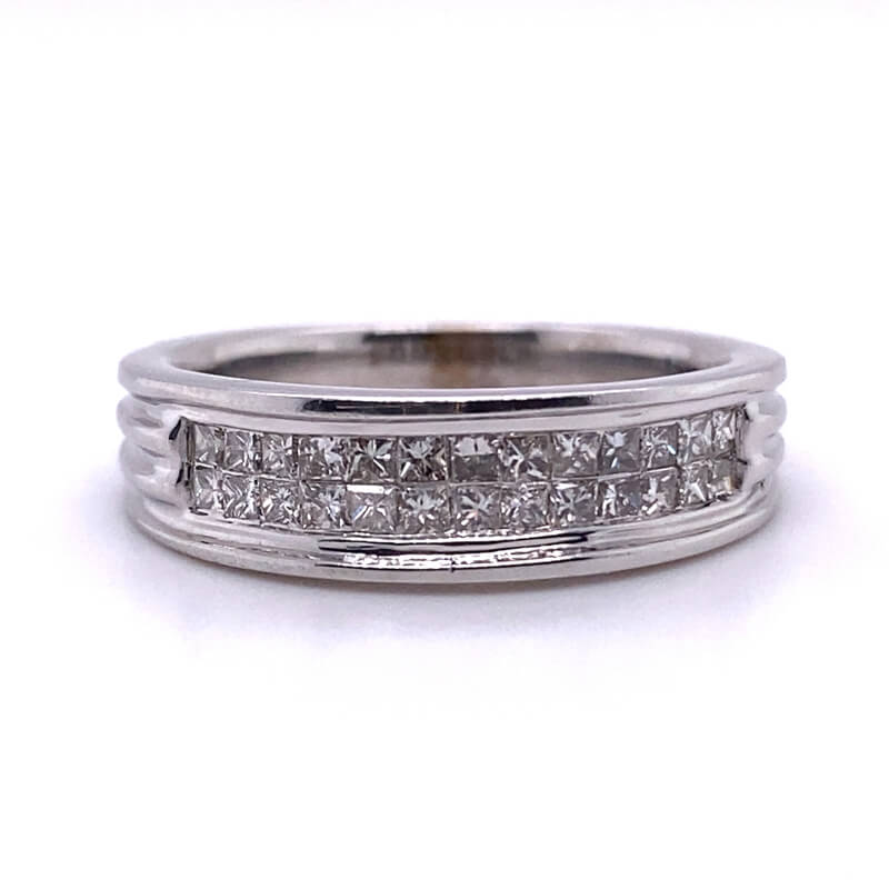 a wedding ring with channeled diamonds on it