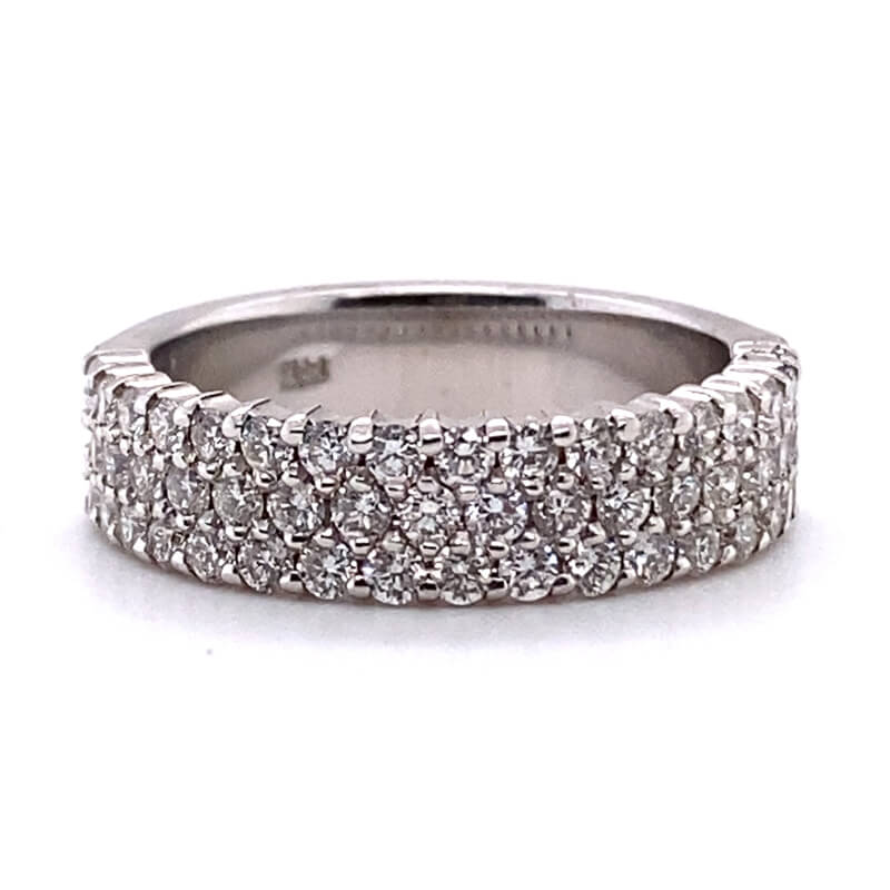 a white gold ring with rows of diamonds