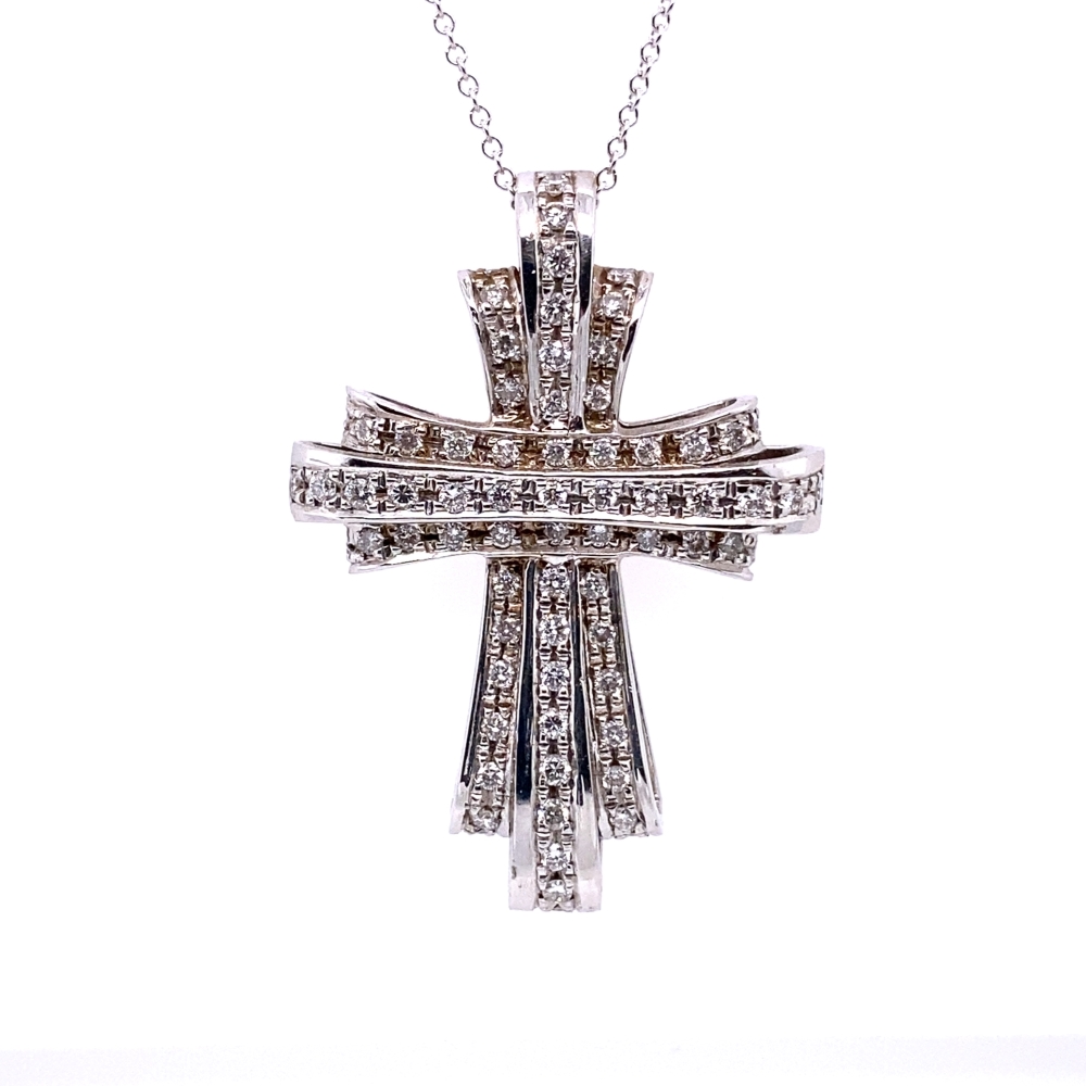 a cross necklace with diamonds on it