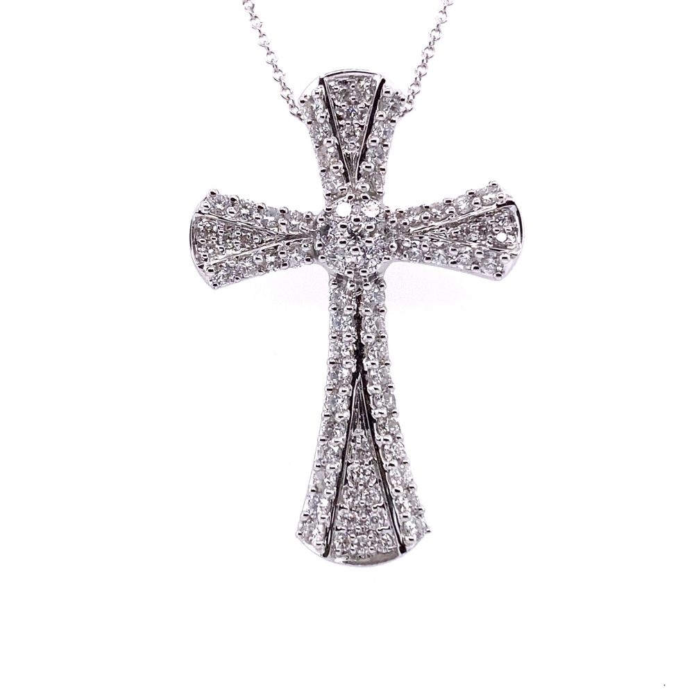 a large white gold cross pendant with diamonds