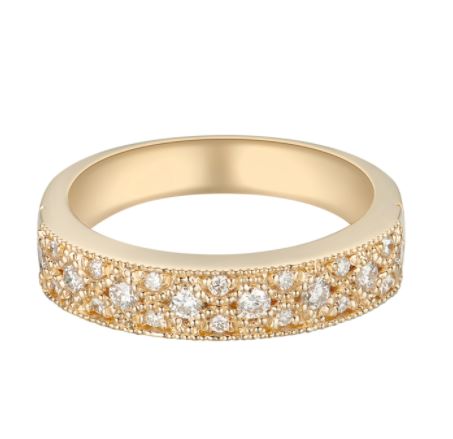 a yellow gold ring with white diamonds