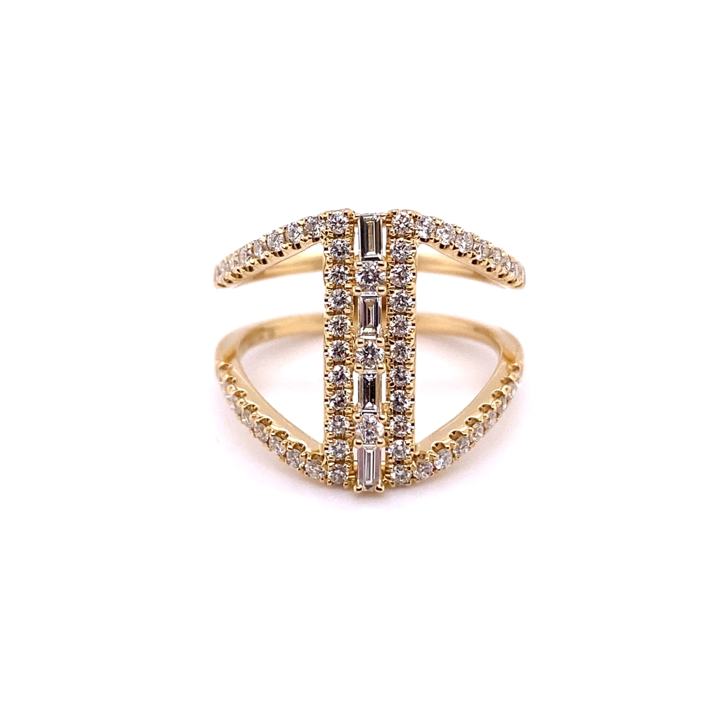 a yellow gold ring with two rows of diamonds