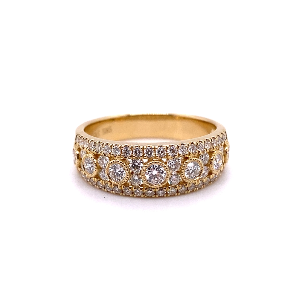 a yellow gold ring with rows of diamonds