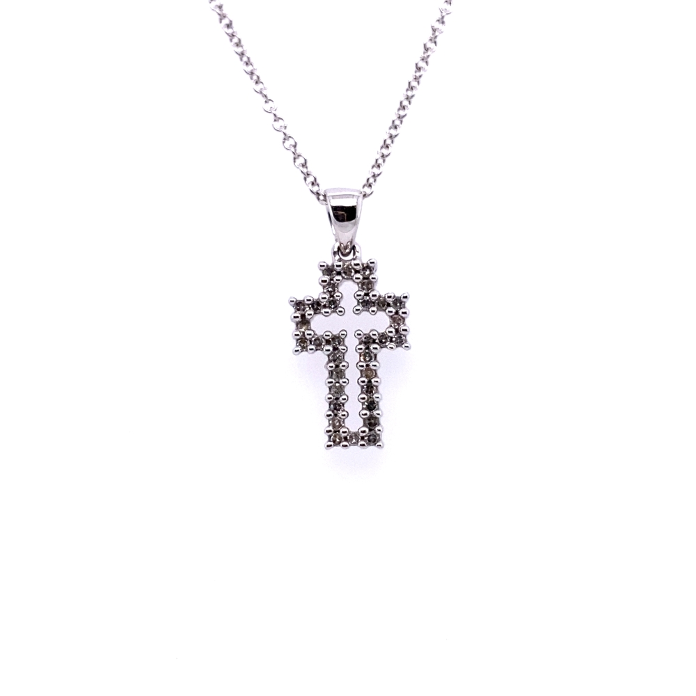 a cross pendant with black and white diamonds