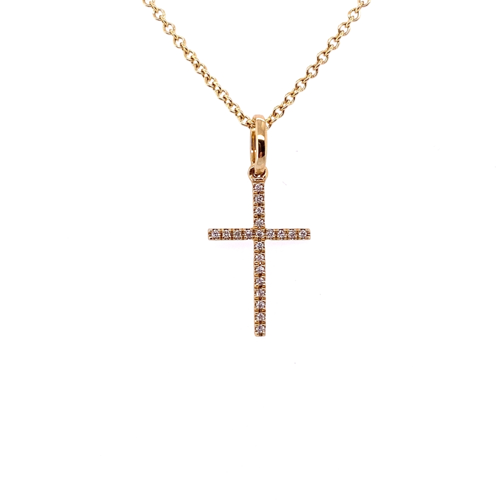 a gold cross necklace with diamonds on it