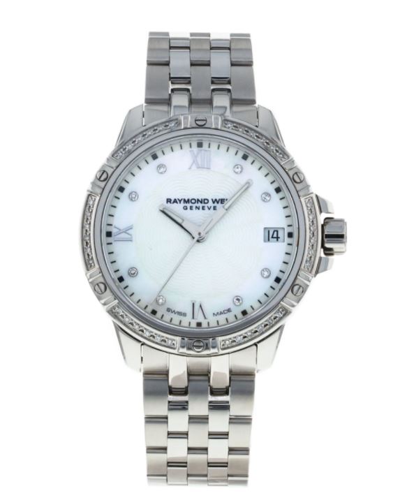 a silver watch with white dials on a bracelet