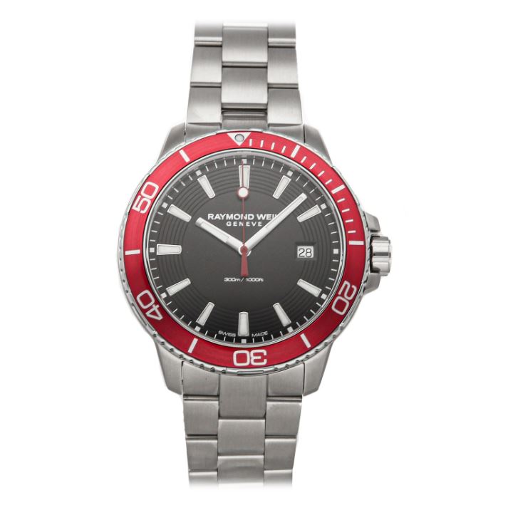 a red and black watch on a stainless steel bracelet