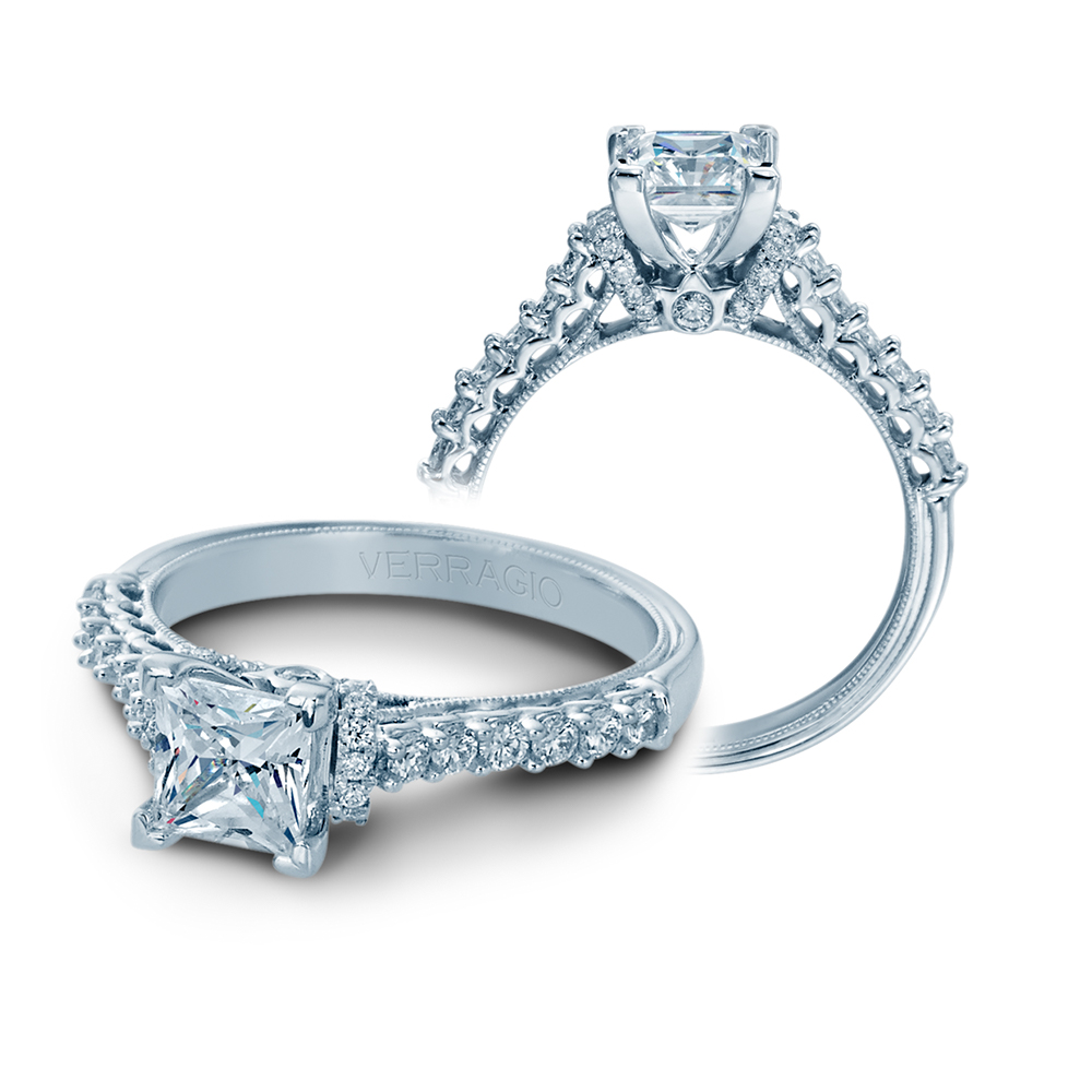 a princess cut diamond engagement ring on a white background