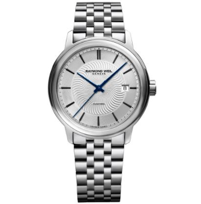 a silver watch with a blue second hand