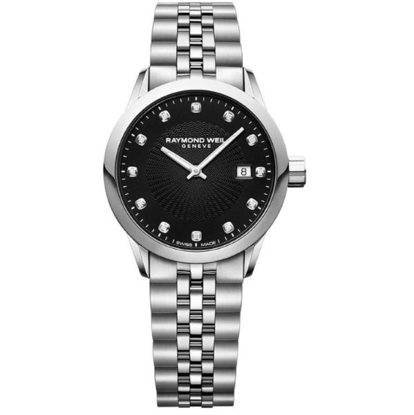 a black and silver watch with diamonds