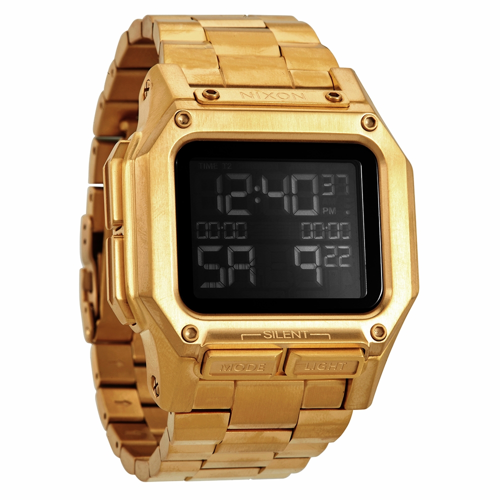 a gold watch with digital numbers on the face