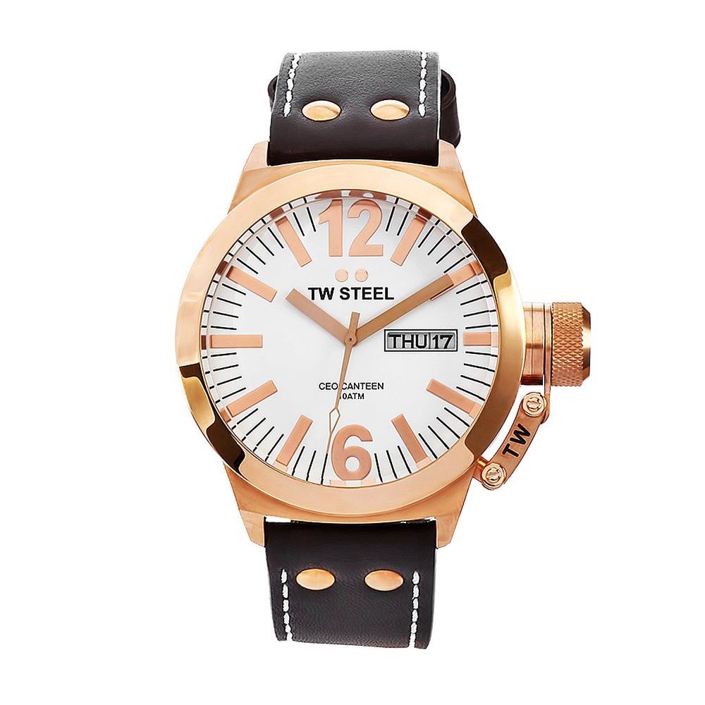a gold watch with white dial and black leather strap