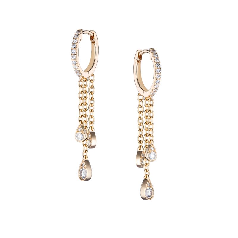 a pair of gold earrings with dangling chains