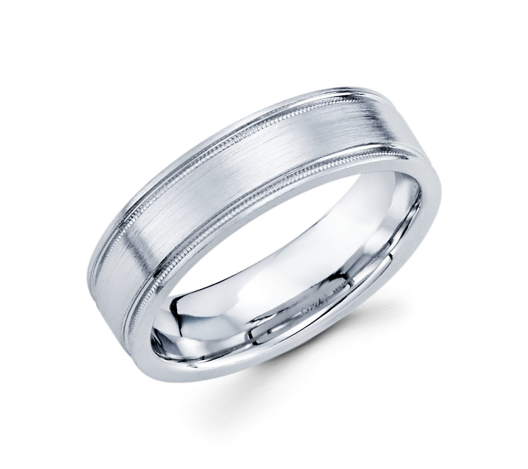 a white gold wedding ring with a satin finish