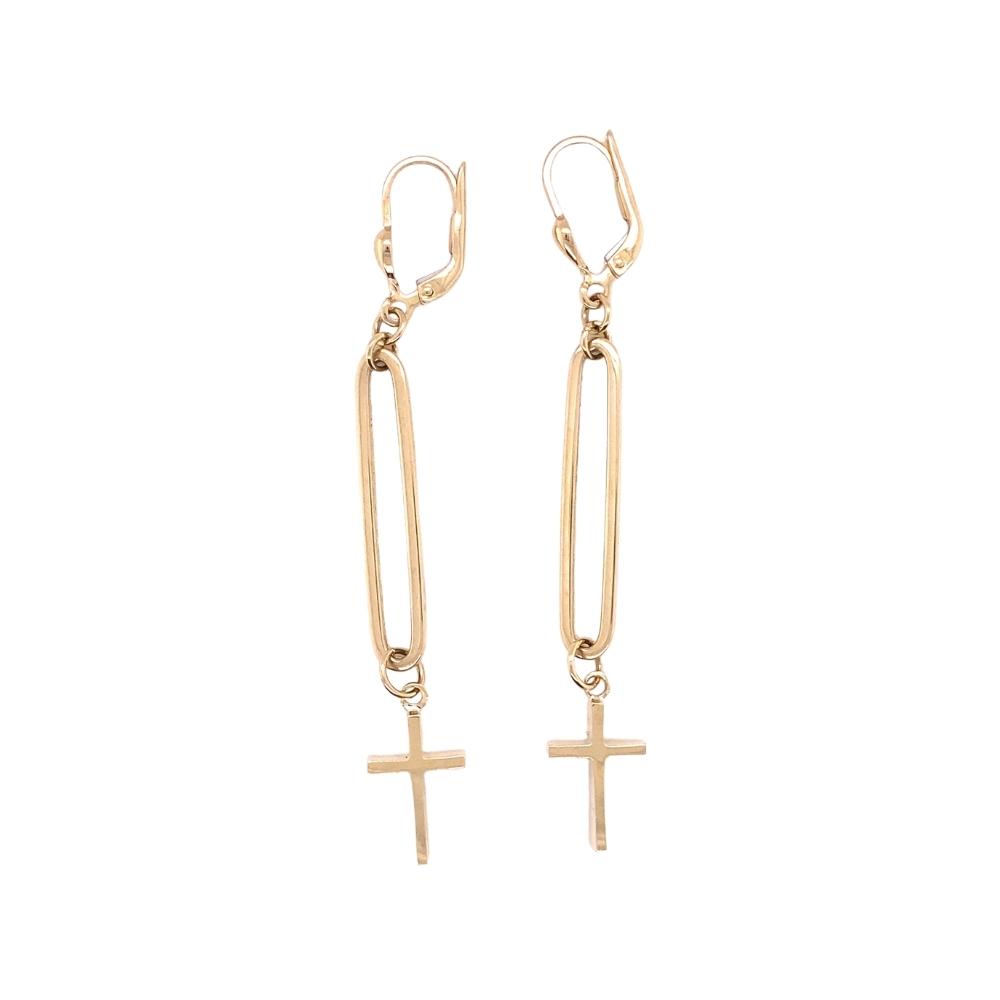 a pair of earrings with a cross hanging from it
