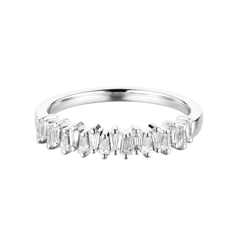a white gold ring with five baguettes