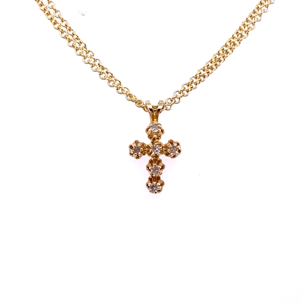 a gold cross necklace with diamonds on a white background