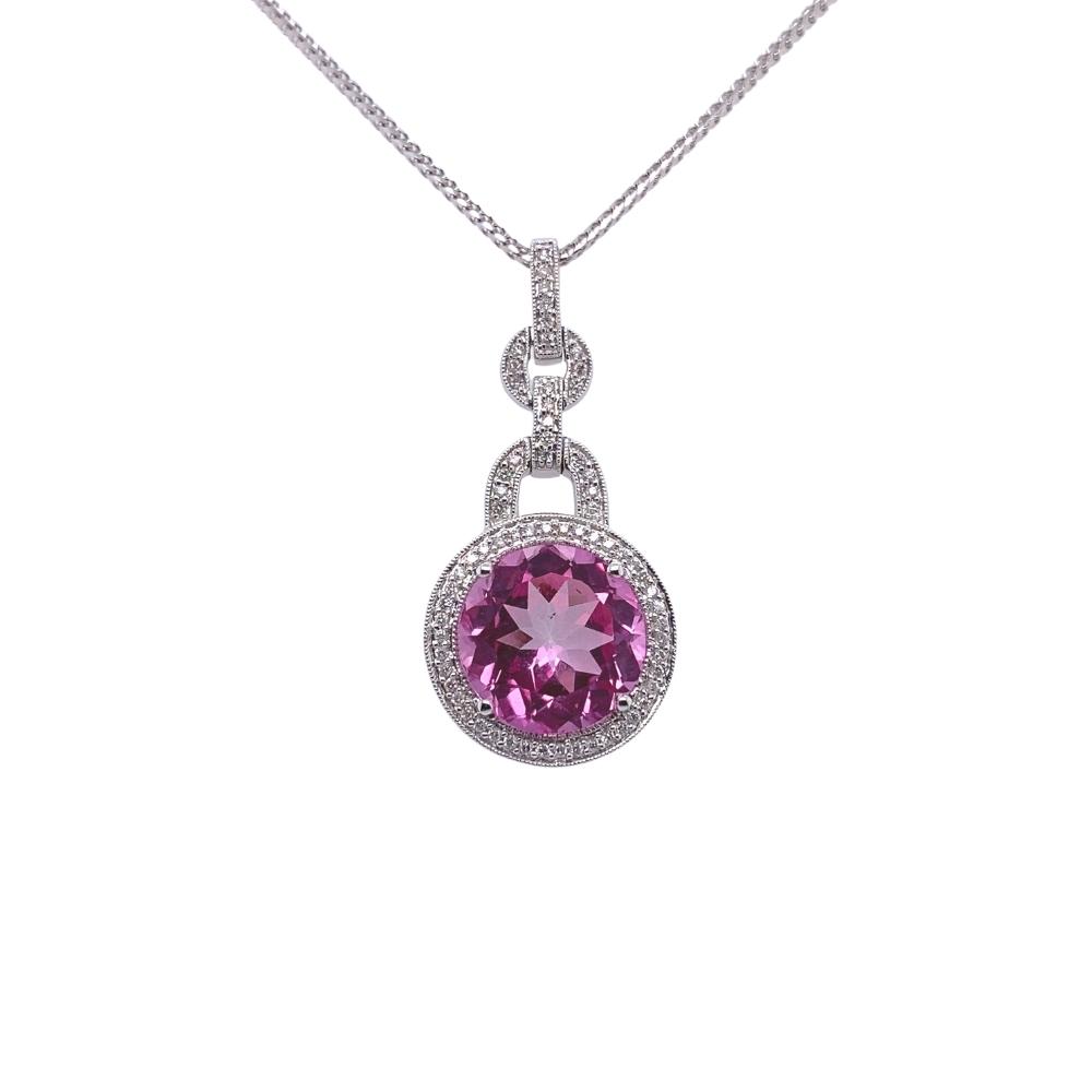 a necklace with a pink stone and diamonds