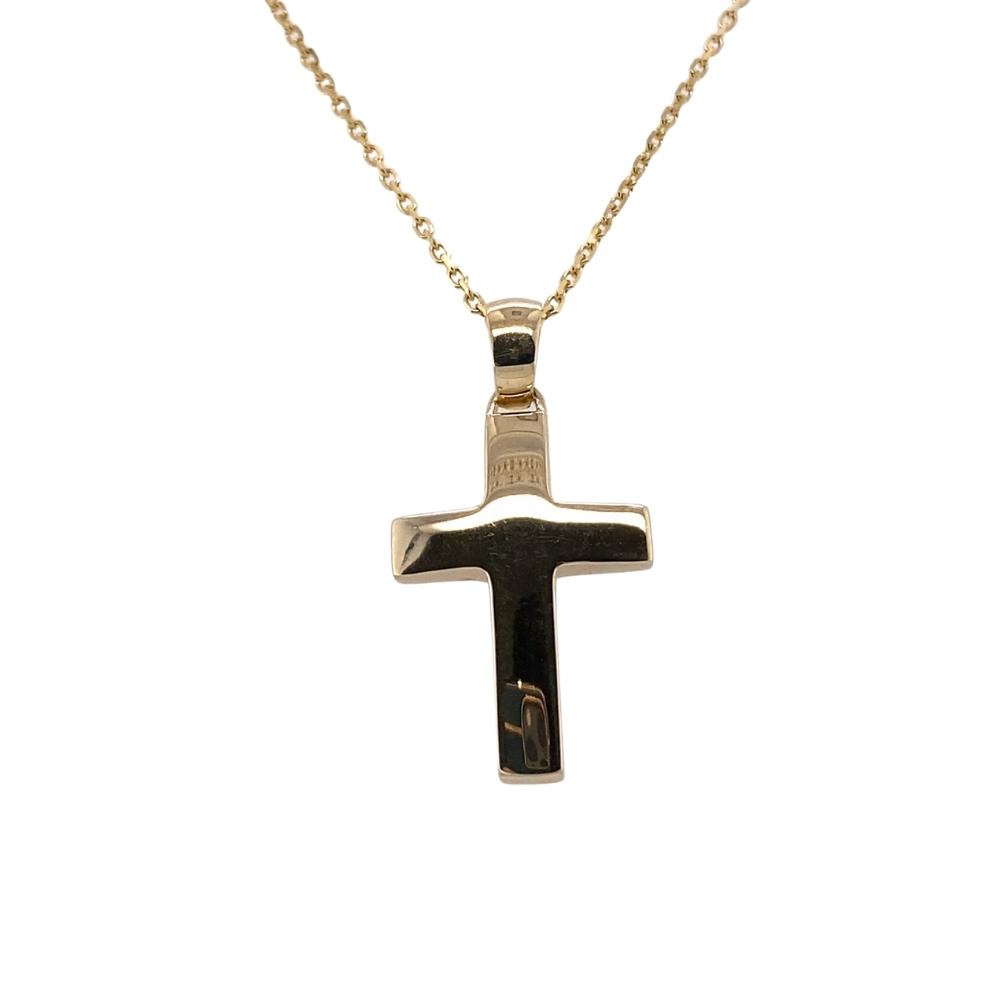 a cross pendant is shown on a gold chain