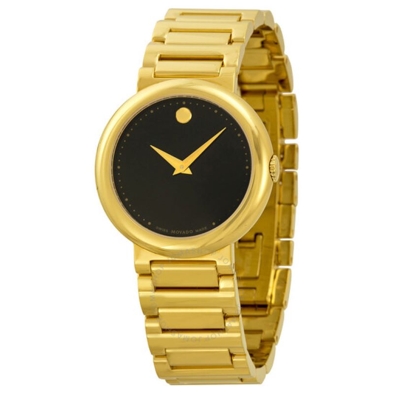 a gold wrist watch with black dial