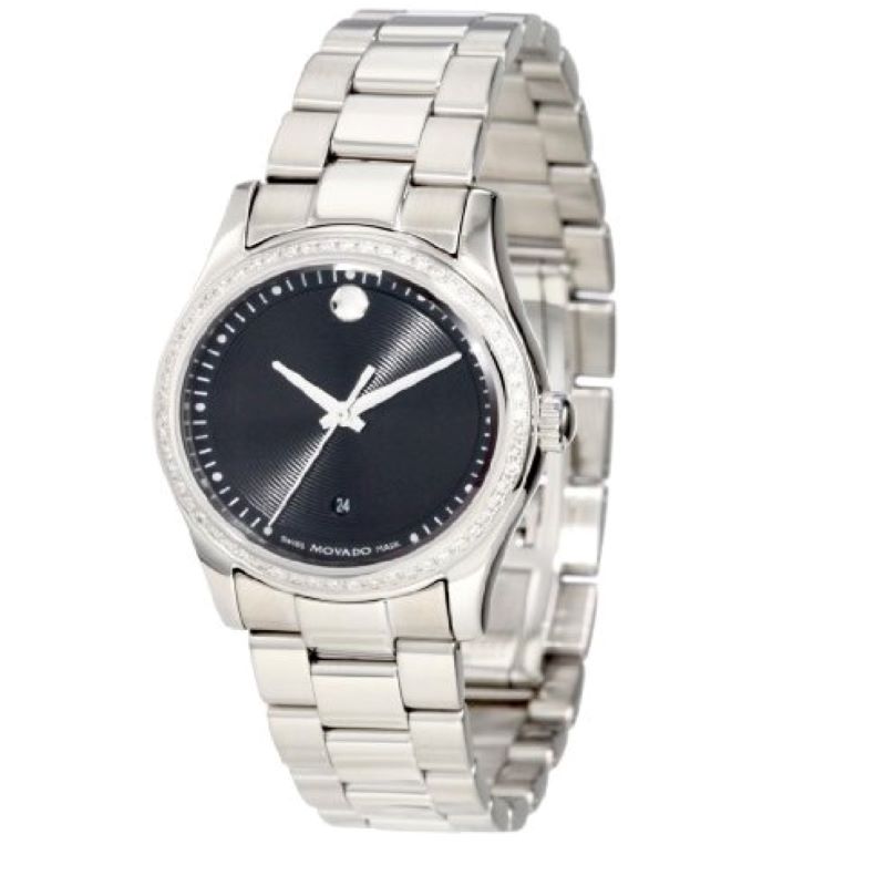 a women's watch with black dial