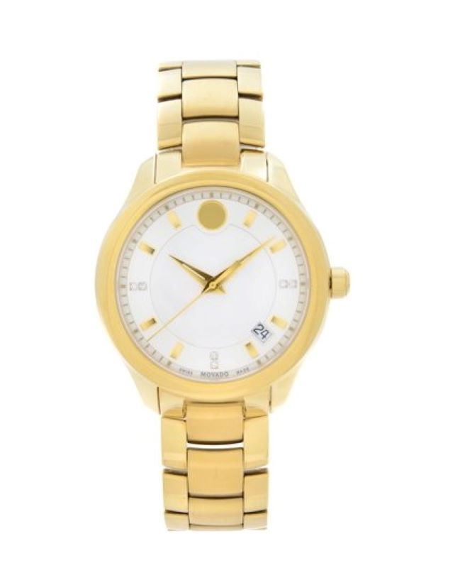 a women's gold watch with white dial