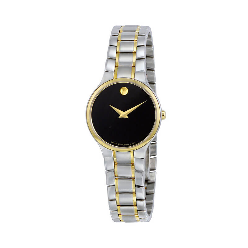 a women's watch with two tone gold and black dials
