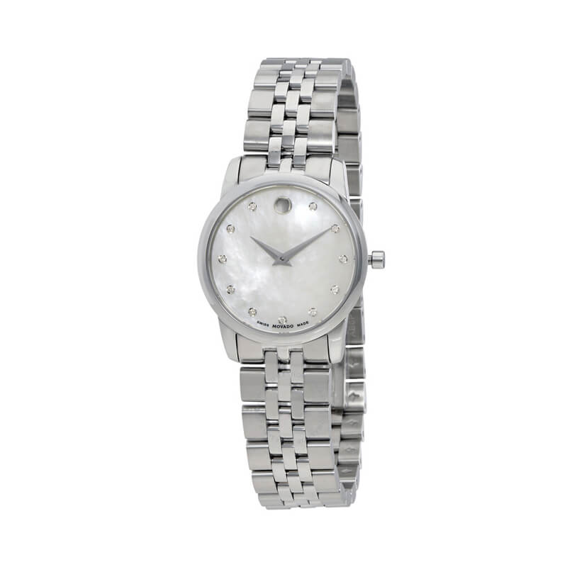 a woman's watch with a mother of pearl dial