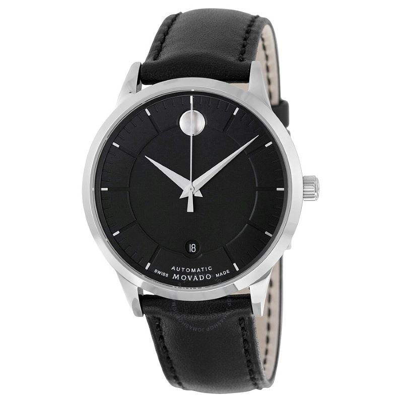 a black and silver watch with a white face