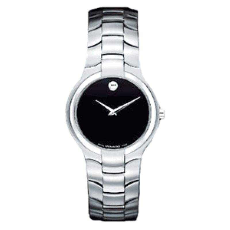 a women's watch with black dial