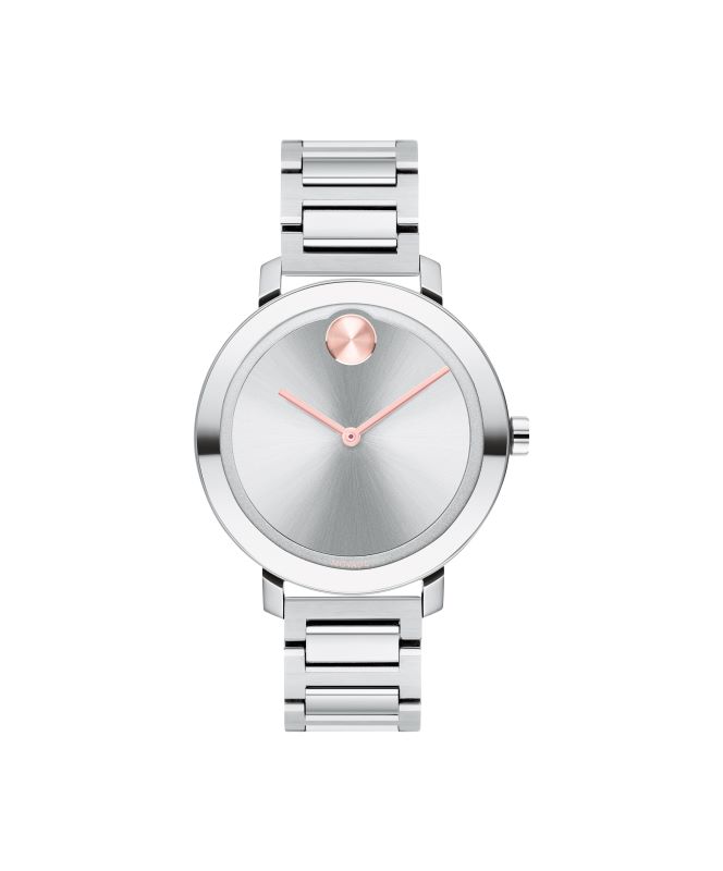 a silver watch with a pink second hand