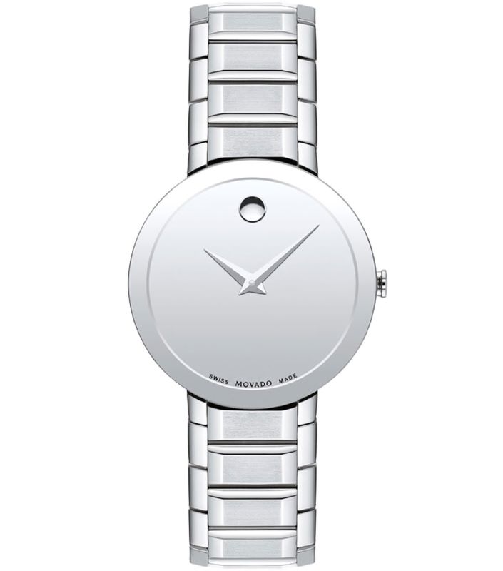 a silver watch with a white dial