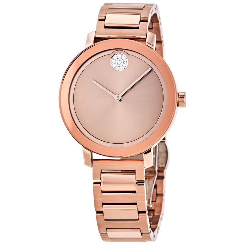 a rose gold watch on a white background
