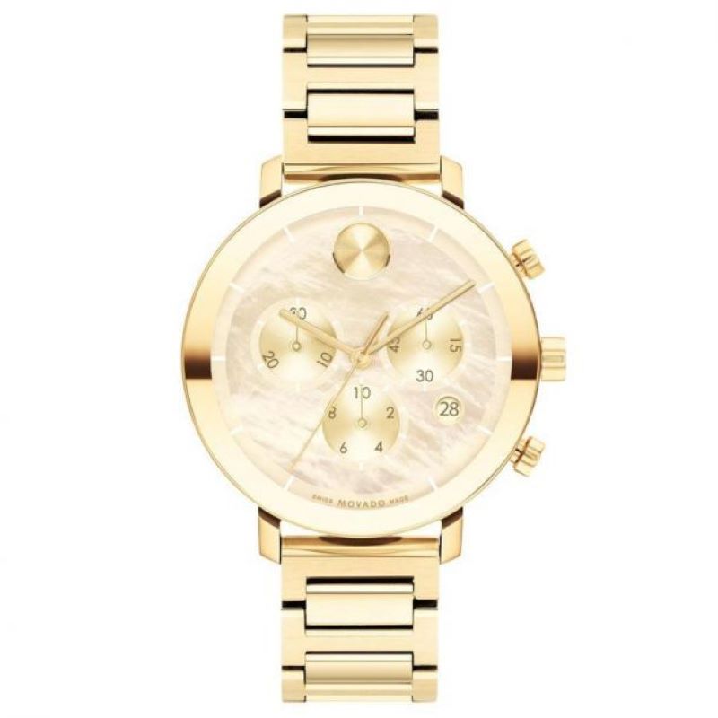 a gold watch on a white background