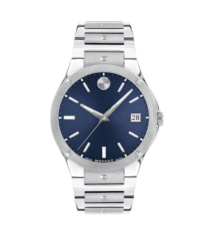 a silver and blue watch on a white background